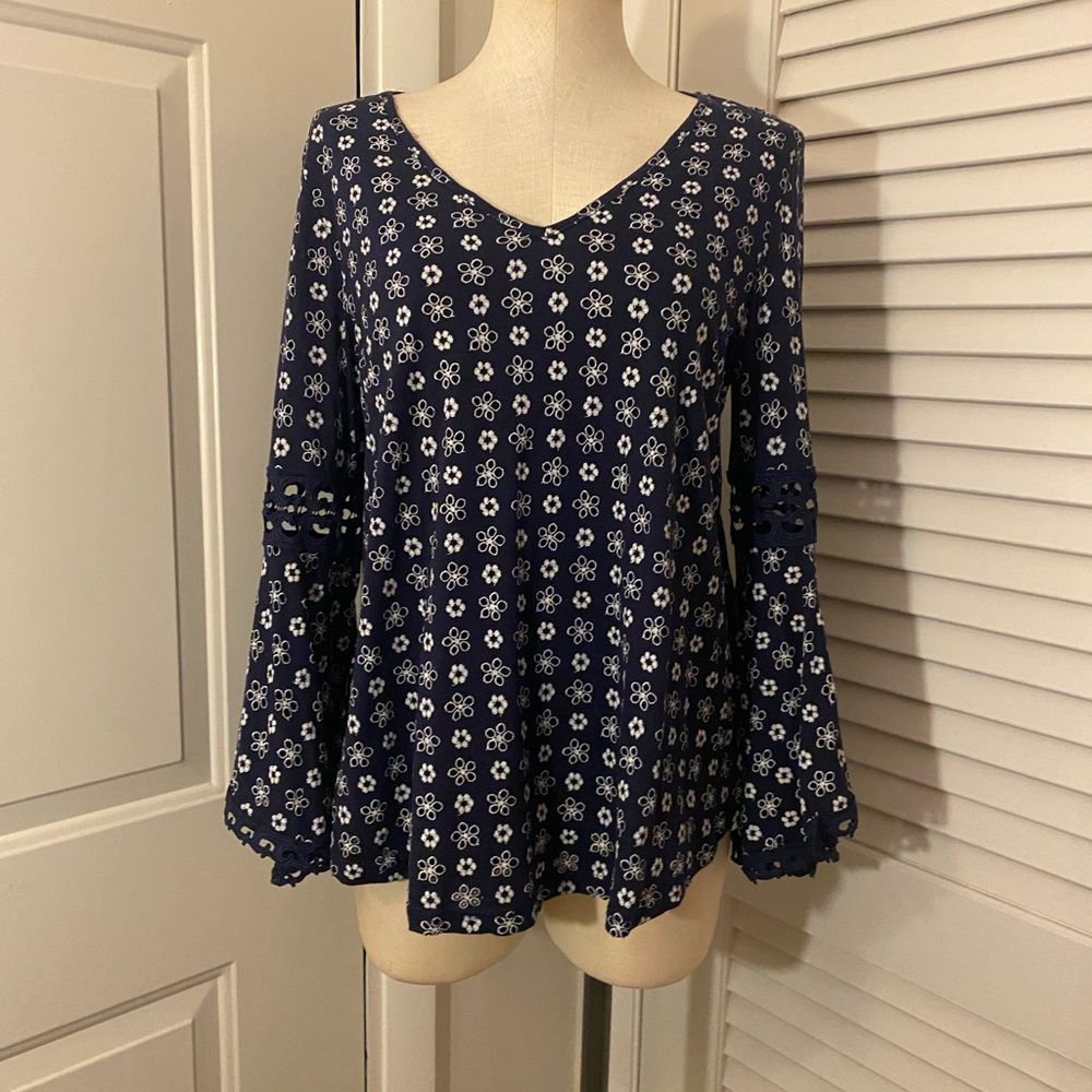 Navy Blue “Stem & Vine” Bell Sleeved Top w/ White Eyelet- Size Medium